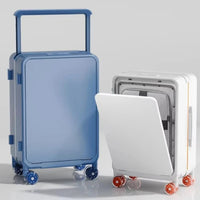 Blue suitcase and white suitcase with open compartment on a light gray background