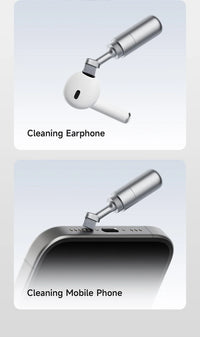 Two cleaning tools for earphones and mobile phones on a light gray background