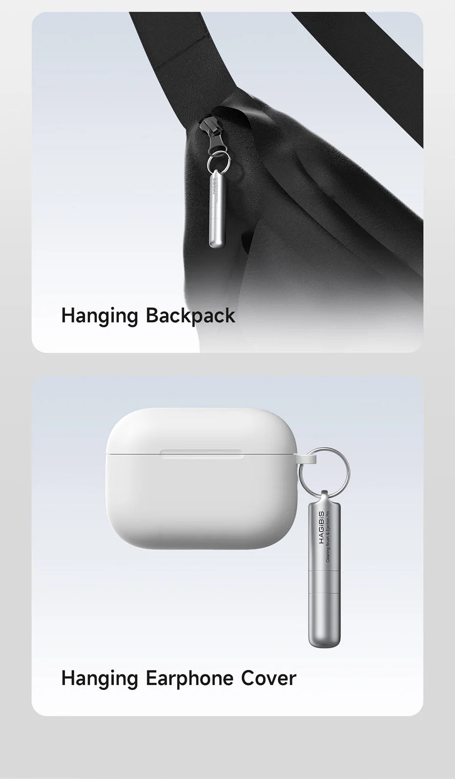 Hanging backpack and earphone cover with keychain on a light gray background