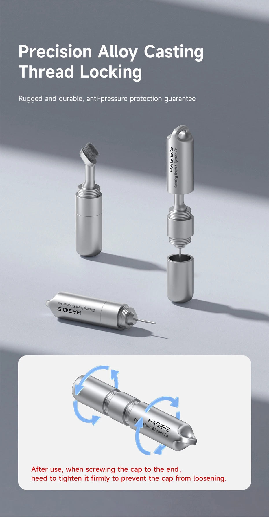 Metallic thread locking tools with text on a gray background