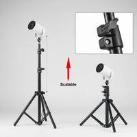Black adjustable tripod with camera mount on a white background