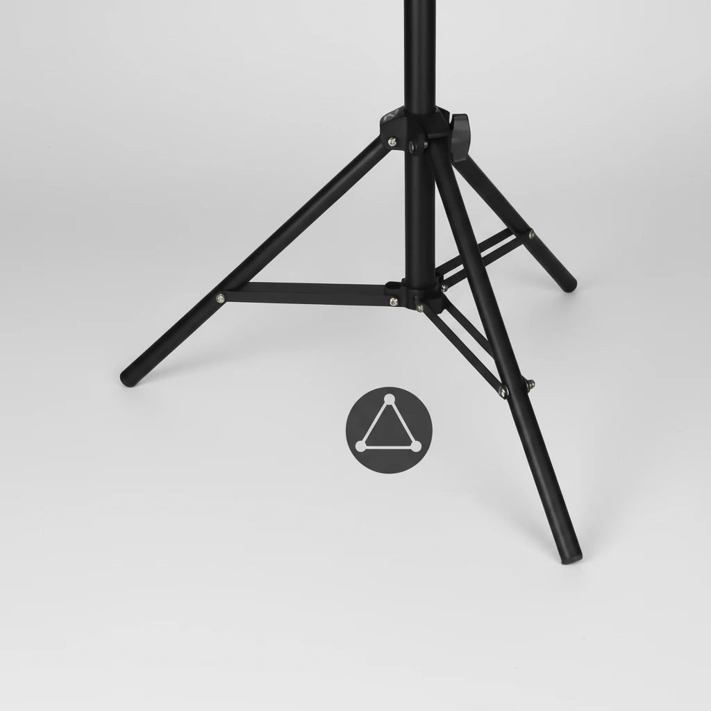 Black speaker stand with a blue triangle icon on a white background