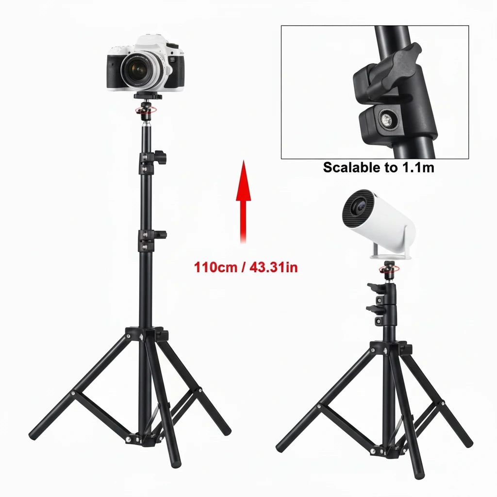 Black tripod stand with adjustable height feature on a white background