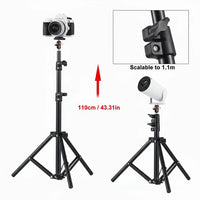 Black tripod stand with adjustable height feature on a white background