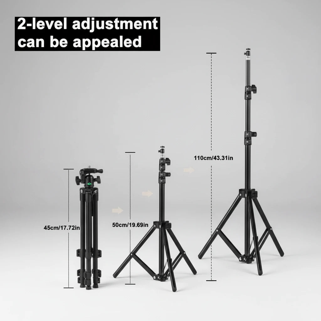 Black adjustable stand with measurements on a white background
