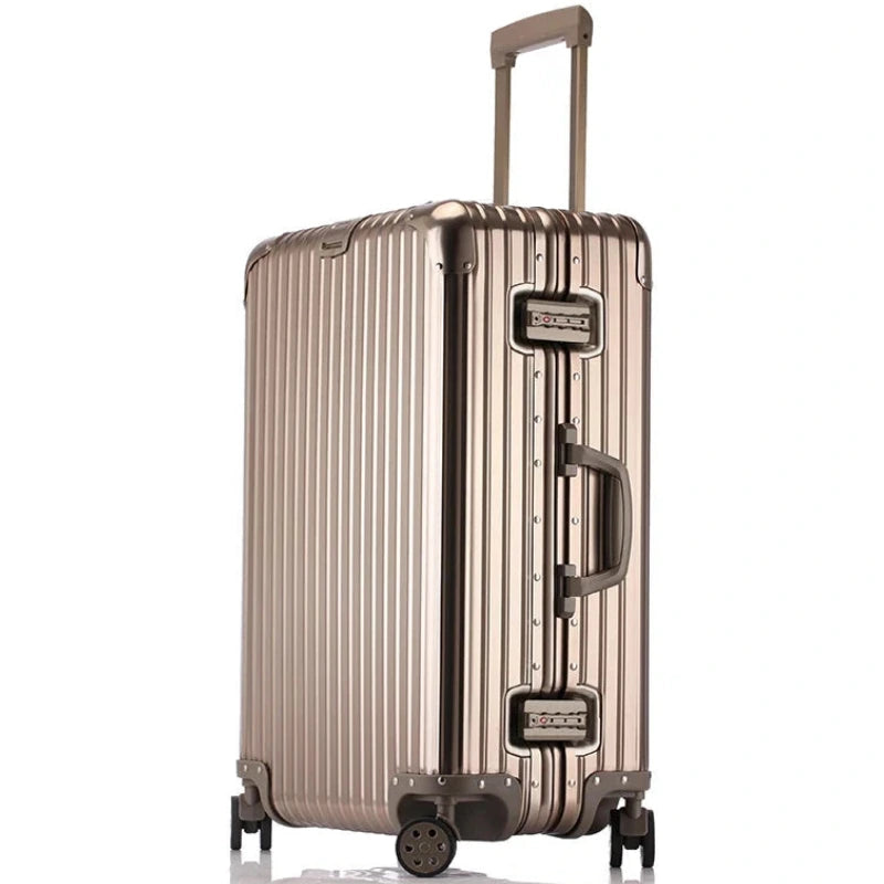 Gold suitcase with wheels and handle on a white background