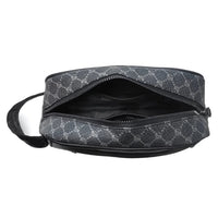 Black and gray patterned pouch with zipper on a white background