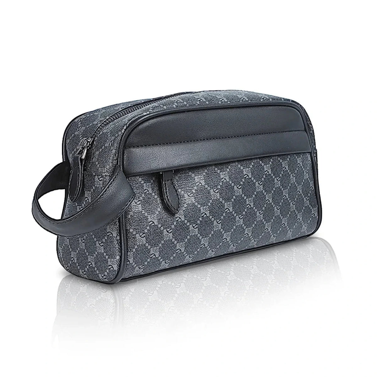 Gray patterned toiletry bag with black handle on a white background