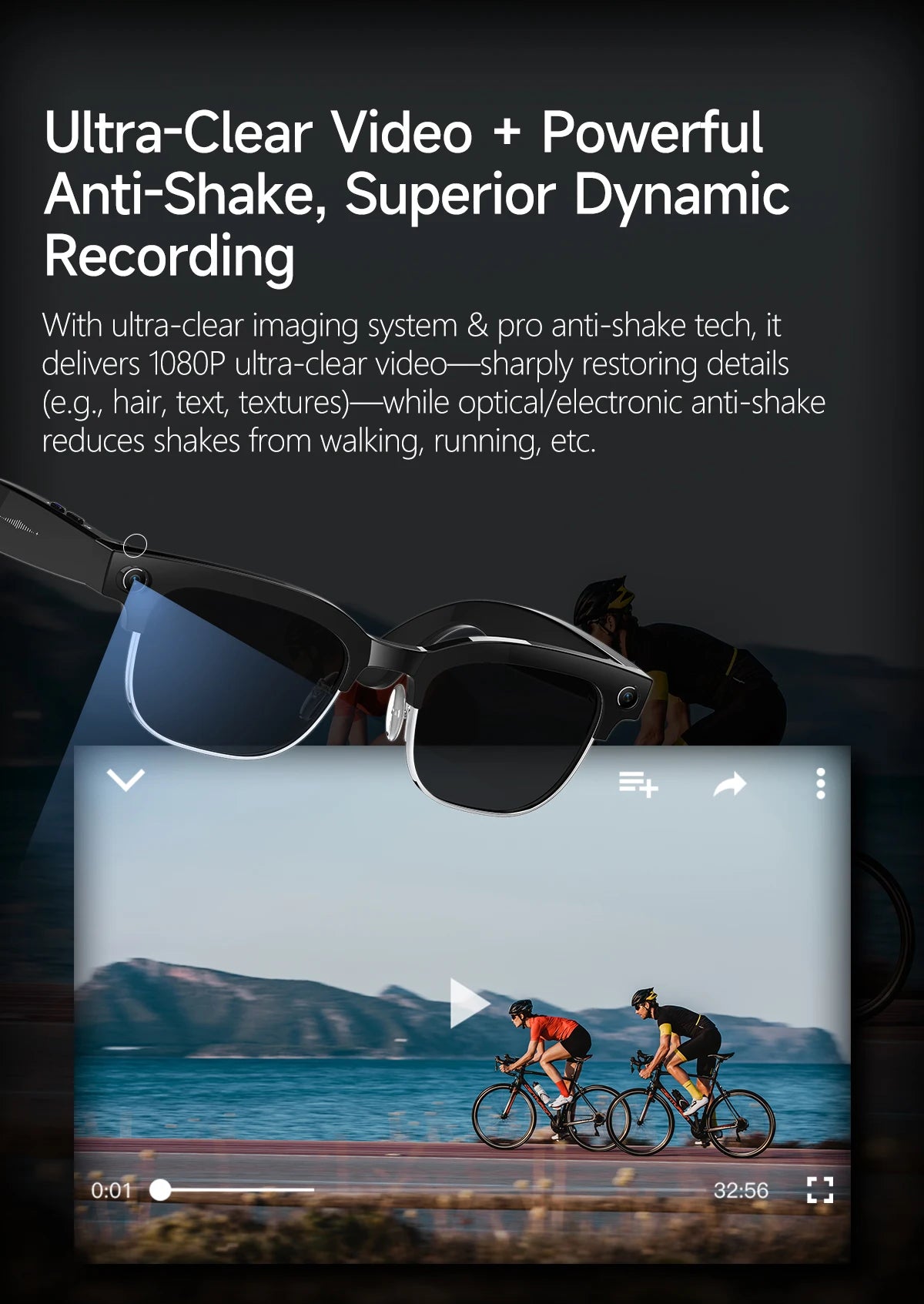 Sunglasses with a screen displaying a video of two cyclists on a scenic route.