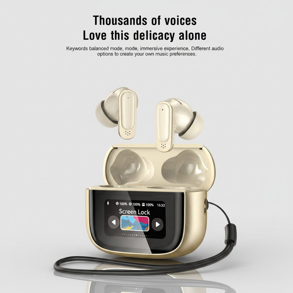 Smart Touch Wireless Earbuds Full Color touch screen with charging case on a wooden background