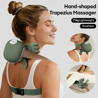 Woman using a hand-shaped trapezius massager on her shoulder with product details displayed.