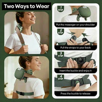 Instructions on how to wear a neck massager with images of a woman using it.