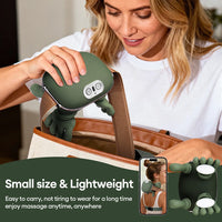 Woman placing a green handheld massager into a bag with text highlighting its small size and lightweight features.