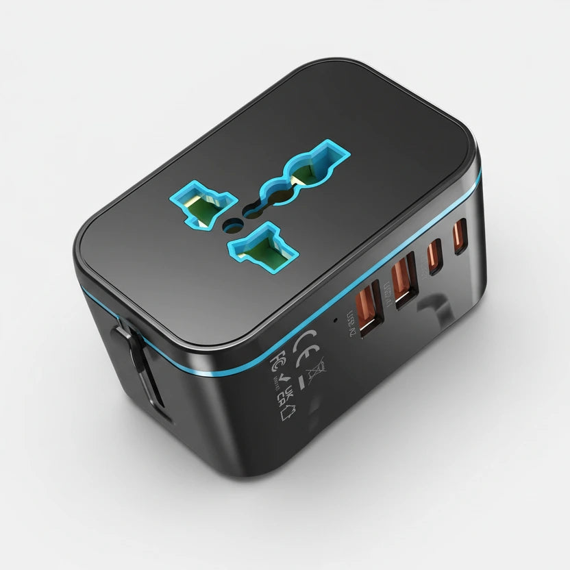 Black travel adapter with multiple ports on a white background