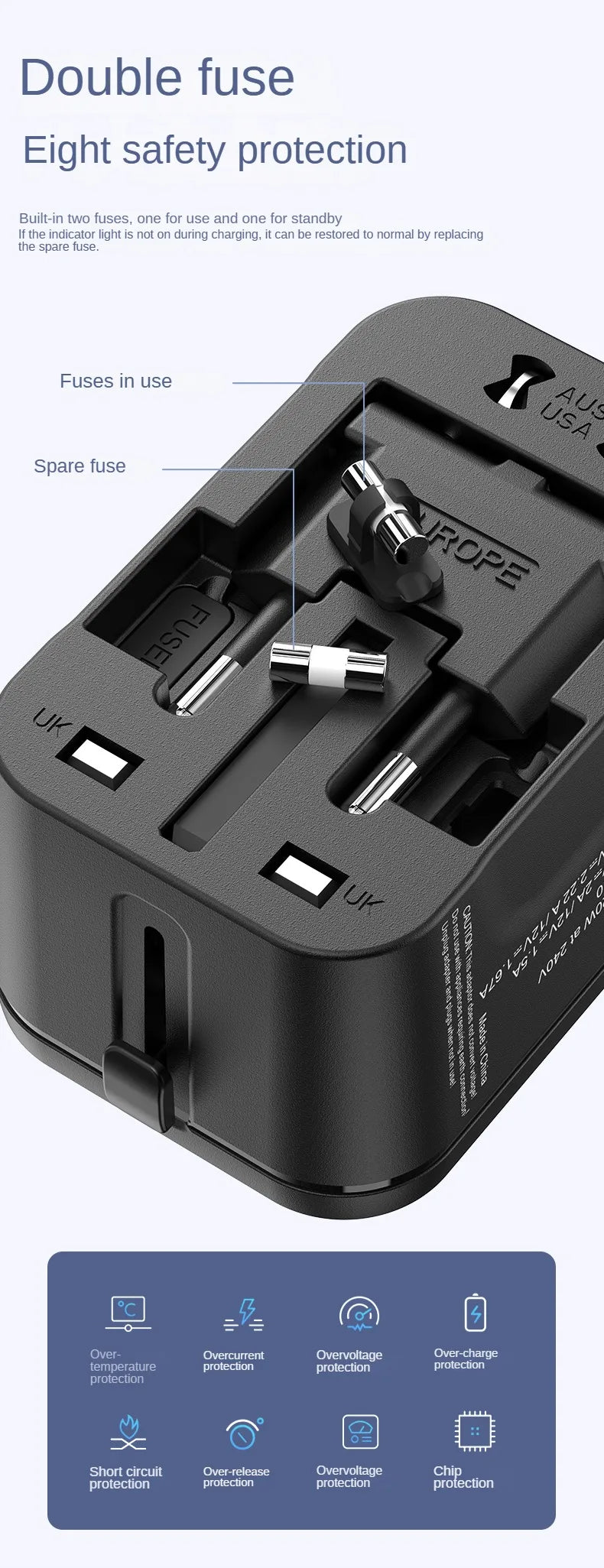Black travel adapter with multiple ports on a white background