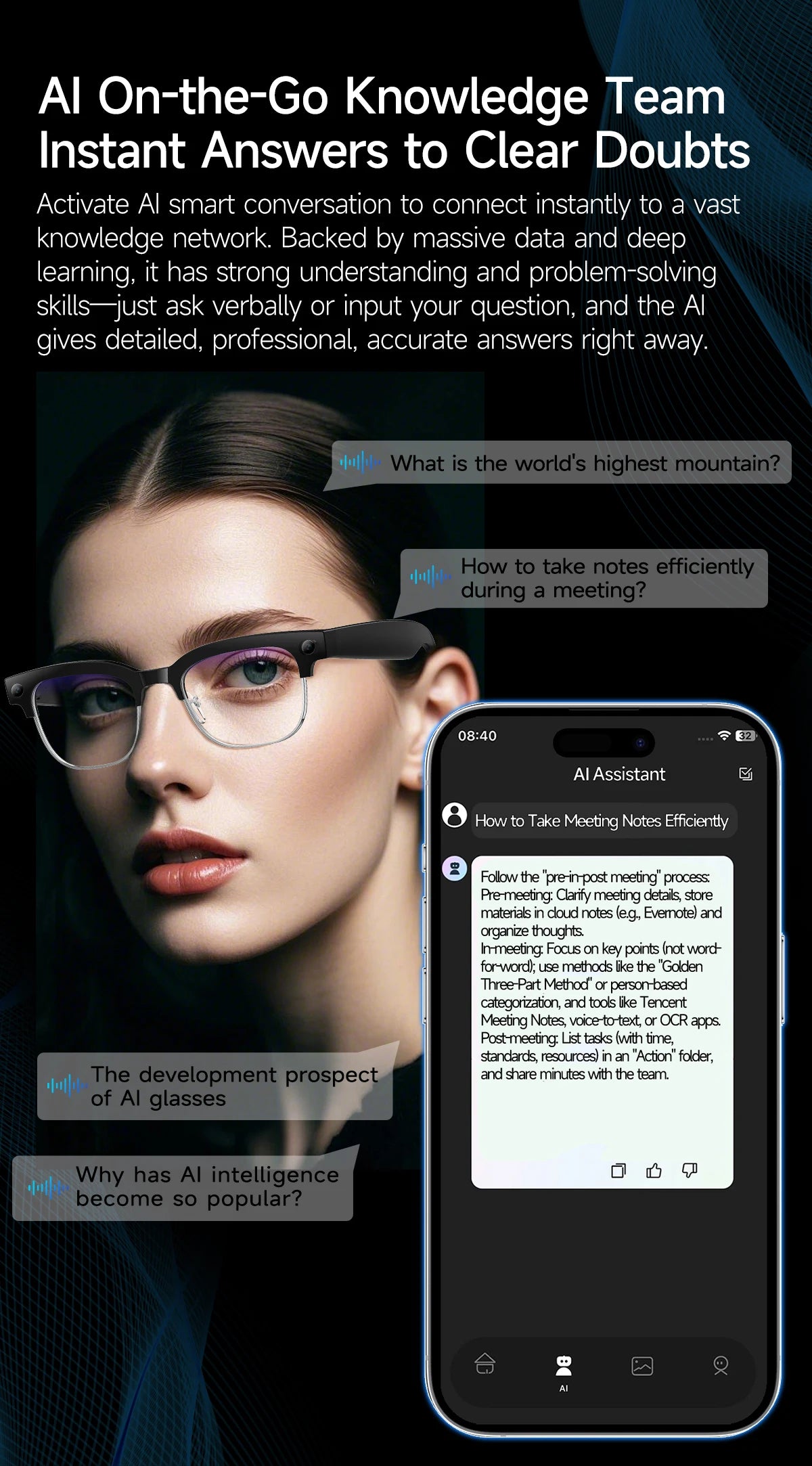 AI assistant app interface with a woman wearing glasses and an AI chatbot on a smartphone.