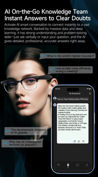 AI assistant app interface with a woman wearing glasses and an AI chatbot on a smartphone.