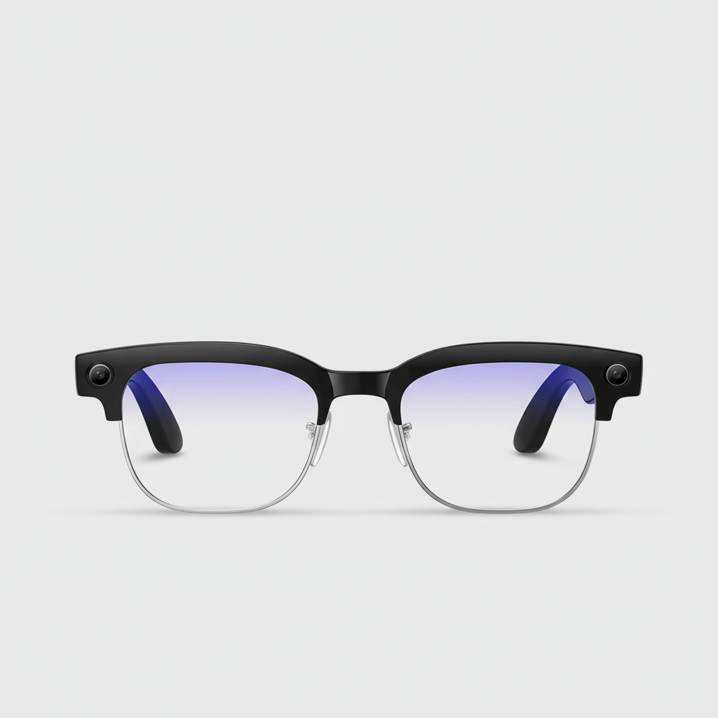 Black-framed glasses with blue-tinted lenses on a white background
