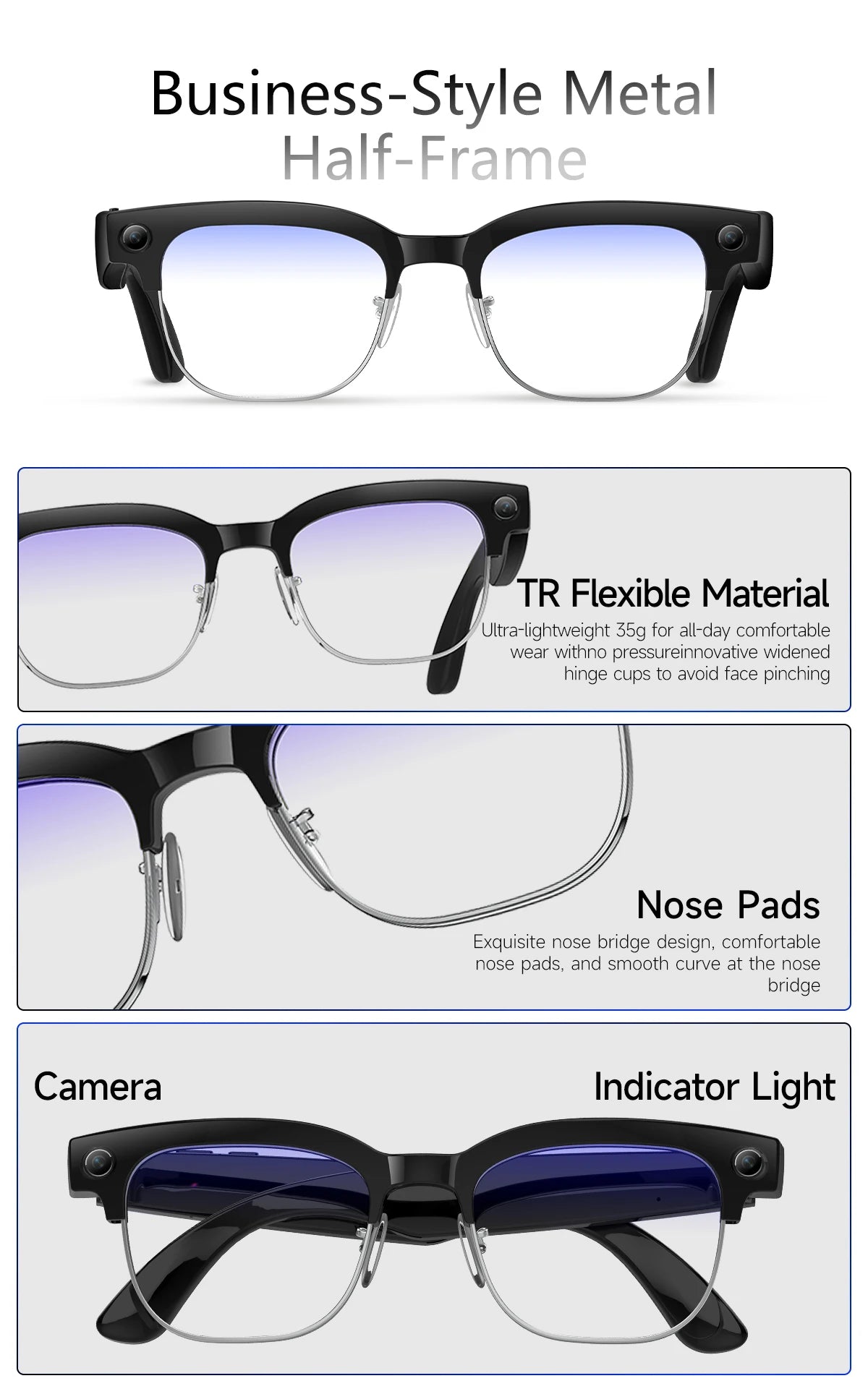 Business-style metal half-frame glasses with features highlighted on a white background
