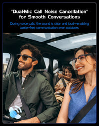 Family in a car with text about dual-mic call noise cancellation