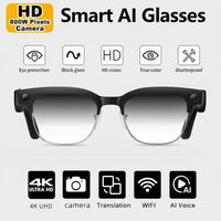 Smart AI Glasses with features listed on a white background