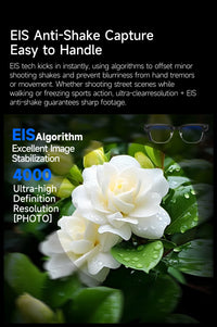 White flower with green leaves and EIS anti-shake technology text overlay