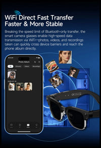 Smart camera glasses with smartphone app interface on a blue background