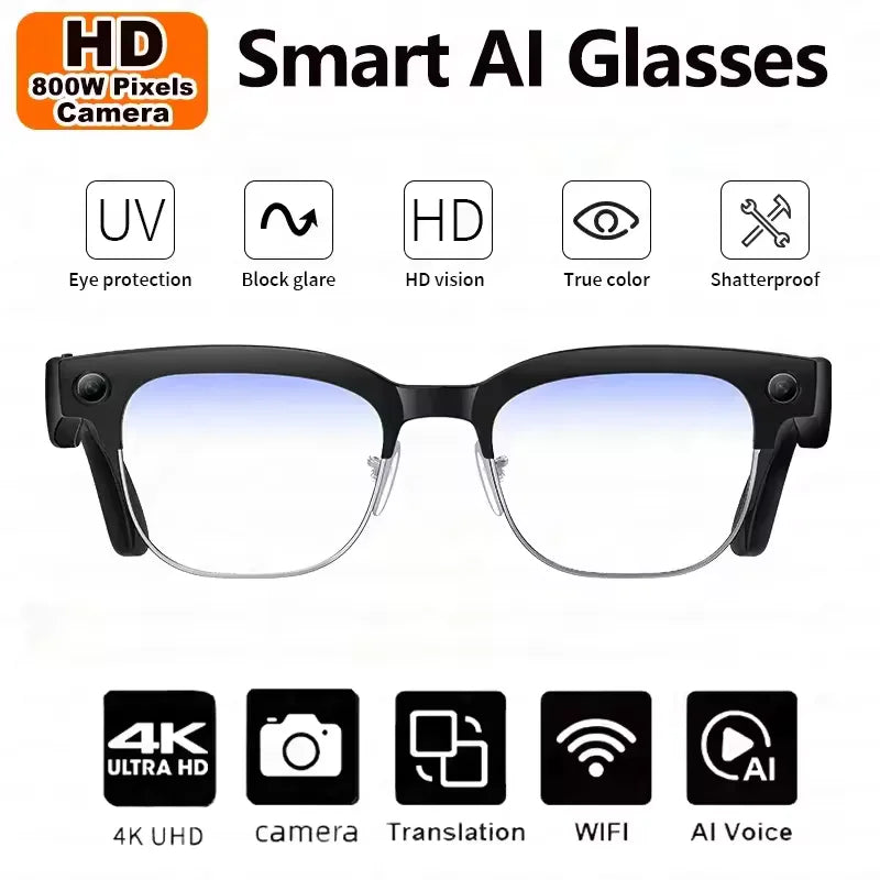 Smart AI Glasses with features listed on a white background