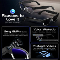 Smart glasses with Sony 8MP HD camera, voice wake-up feature, and photo/video transmission capabilities on a dark background.