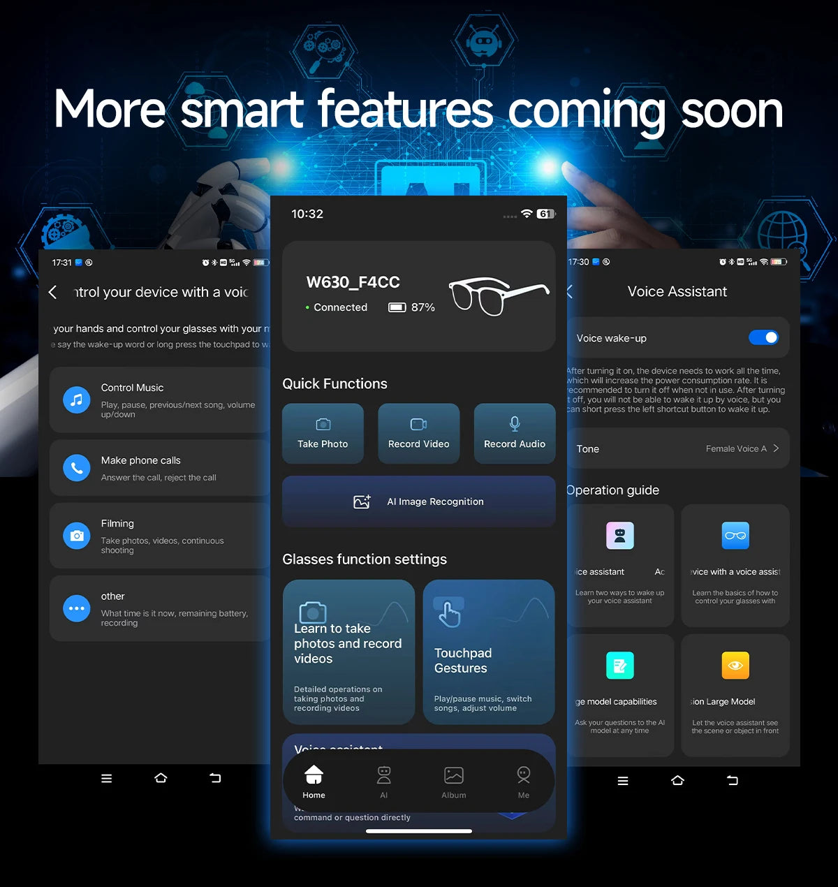 Smart device interface with app screens showing features and text 'More smart features coming soon'.