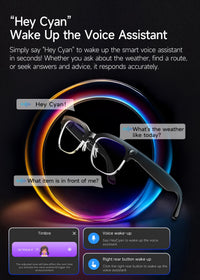 Smart glasses with voice assistant feature on a dark background
