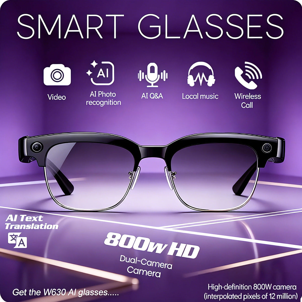 Smart glasses with features on a purple background