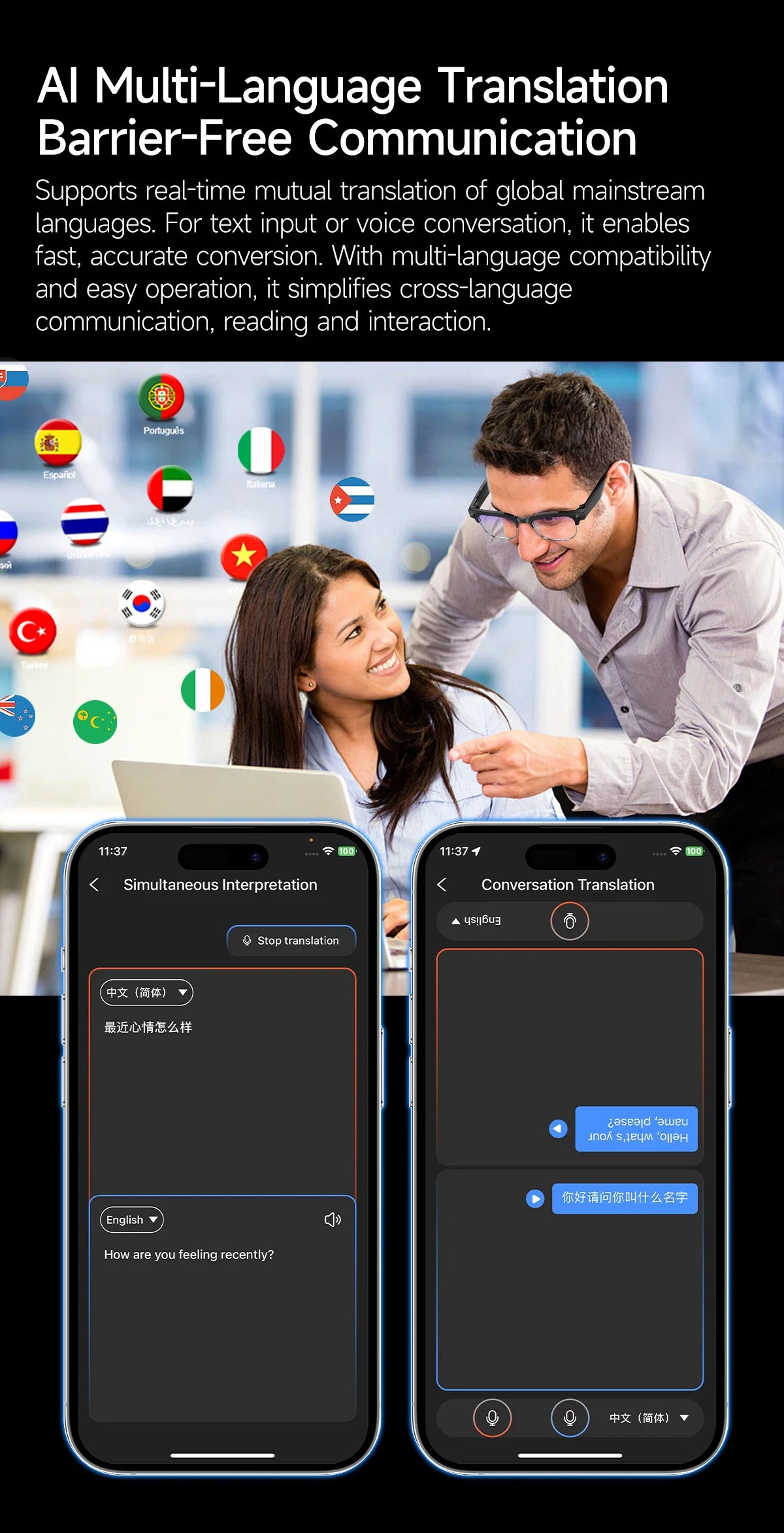 Two people using a translation app with smartphone screens showing text translation interface.