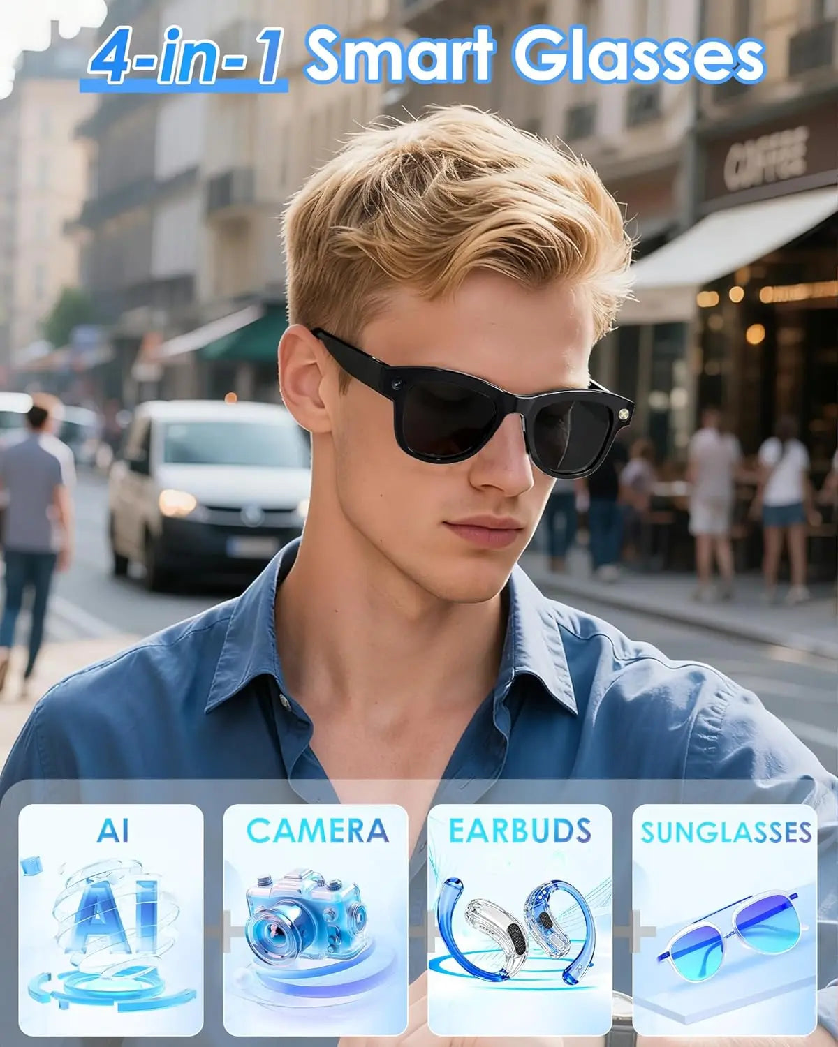 Man wearing 4-in-1 smart glasses with icons for AI, camera, earbuds, and sunglasses on a city street background.
