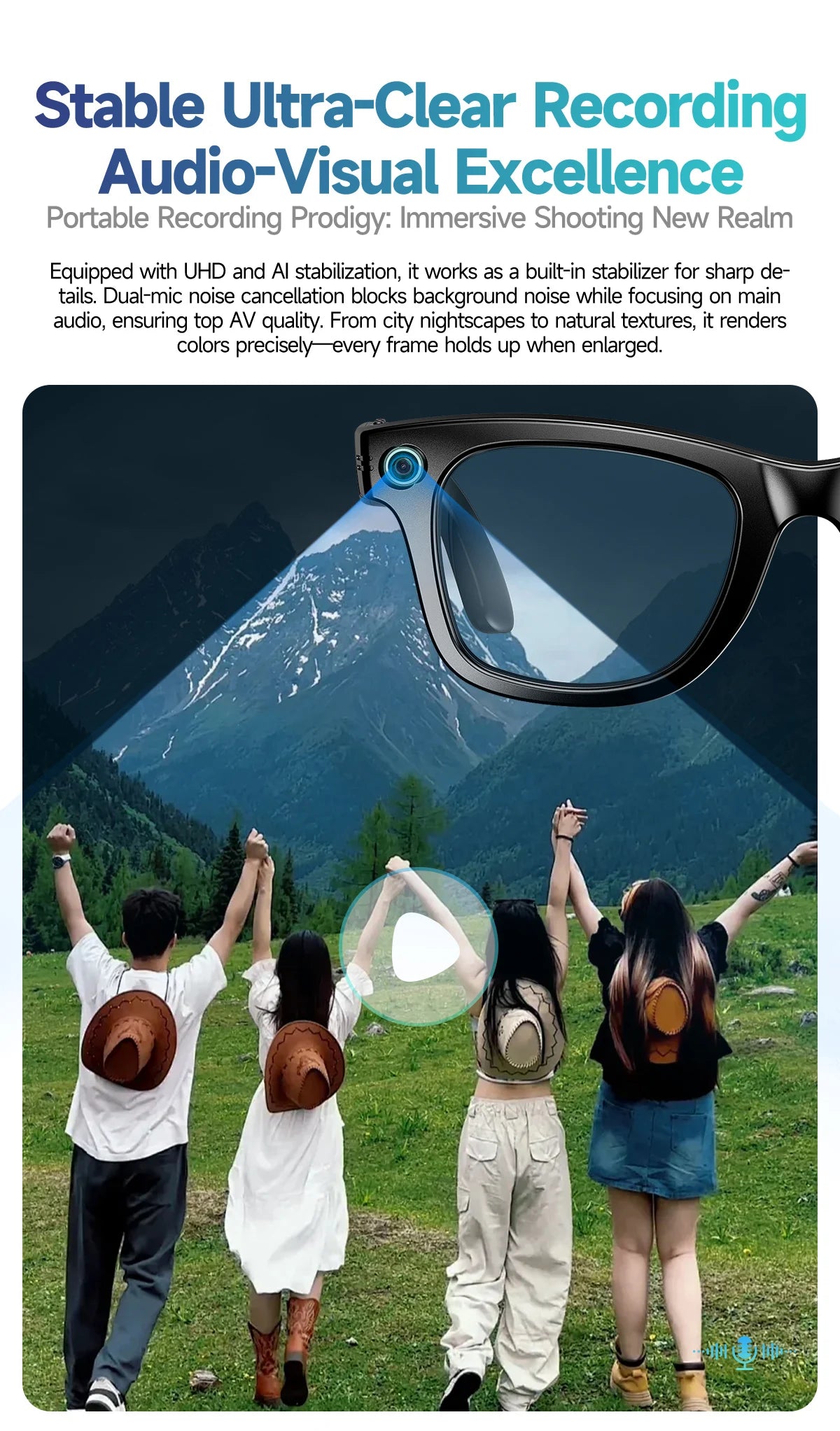 Sunglasses with a mountainous landscape and people in the background, promoting audio-visual excellence.