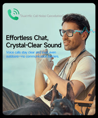 Man with glasses and a dog sitting outdoors, with text about dual-mic call noise cancellation.