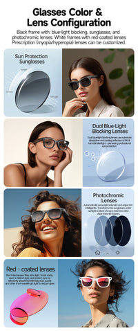 Glasses color and lens configuration with images of people wearing different types of glasses.