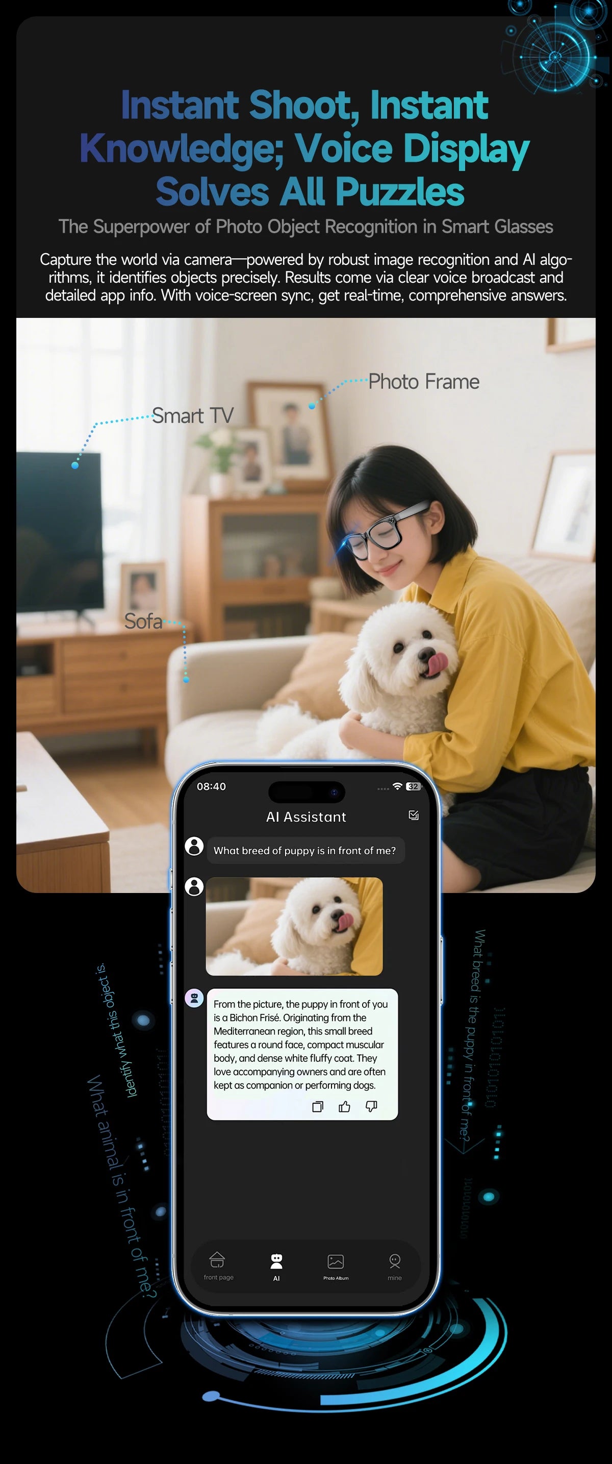 Person with a dog using a smartphone app in a living room setting.