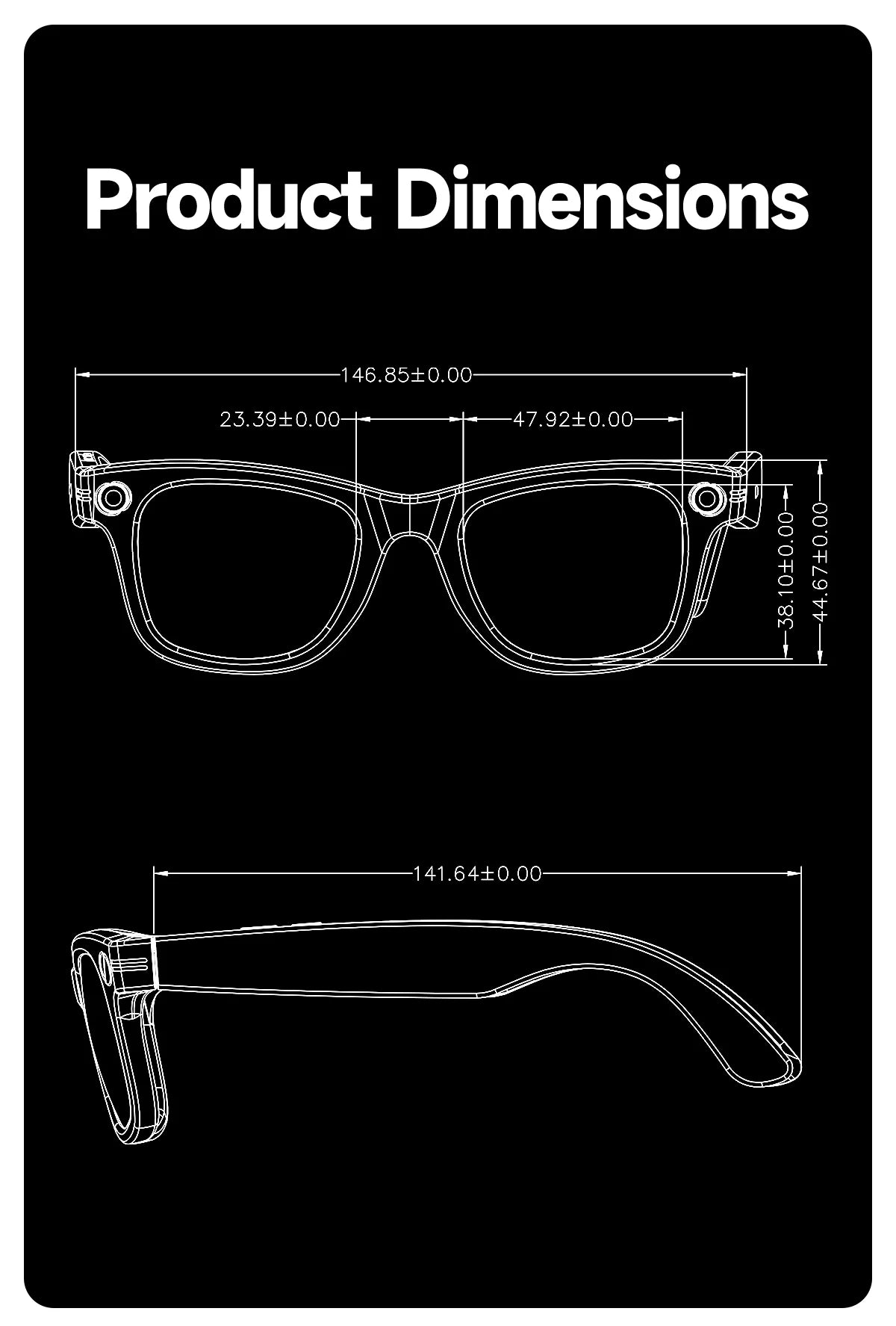 Technical drawing of eyeglasses with dimensions on a black background