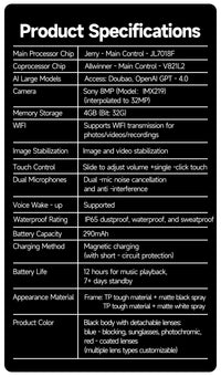 Product specifications table on a black background