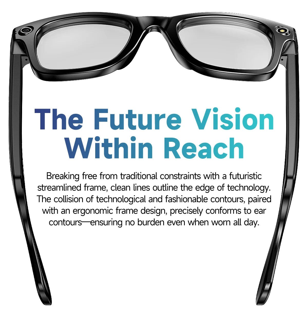 Black eyeglasses with text about future vision technology on a white background
