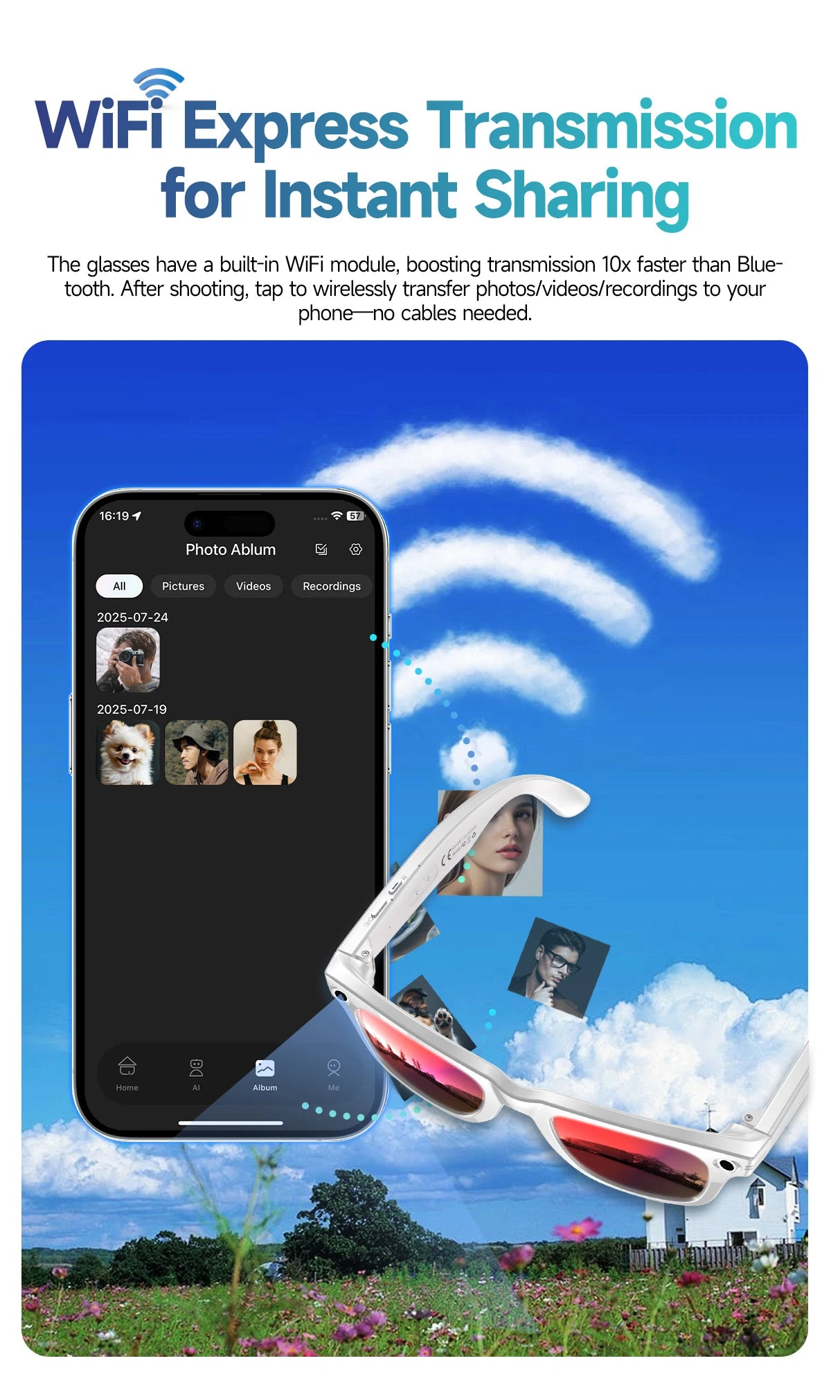Sunglasses with a built-in WiFi module for instant photo sharing, displayed against a scenic background.