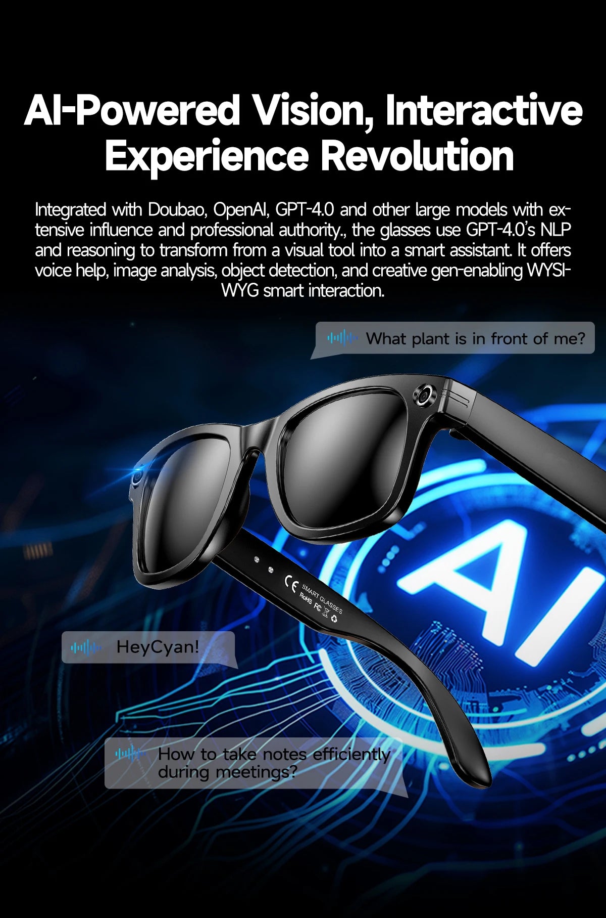 Smart glasses with AI integration on a dark background with glowing text and graphics.