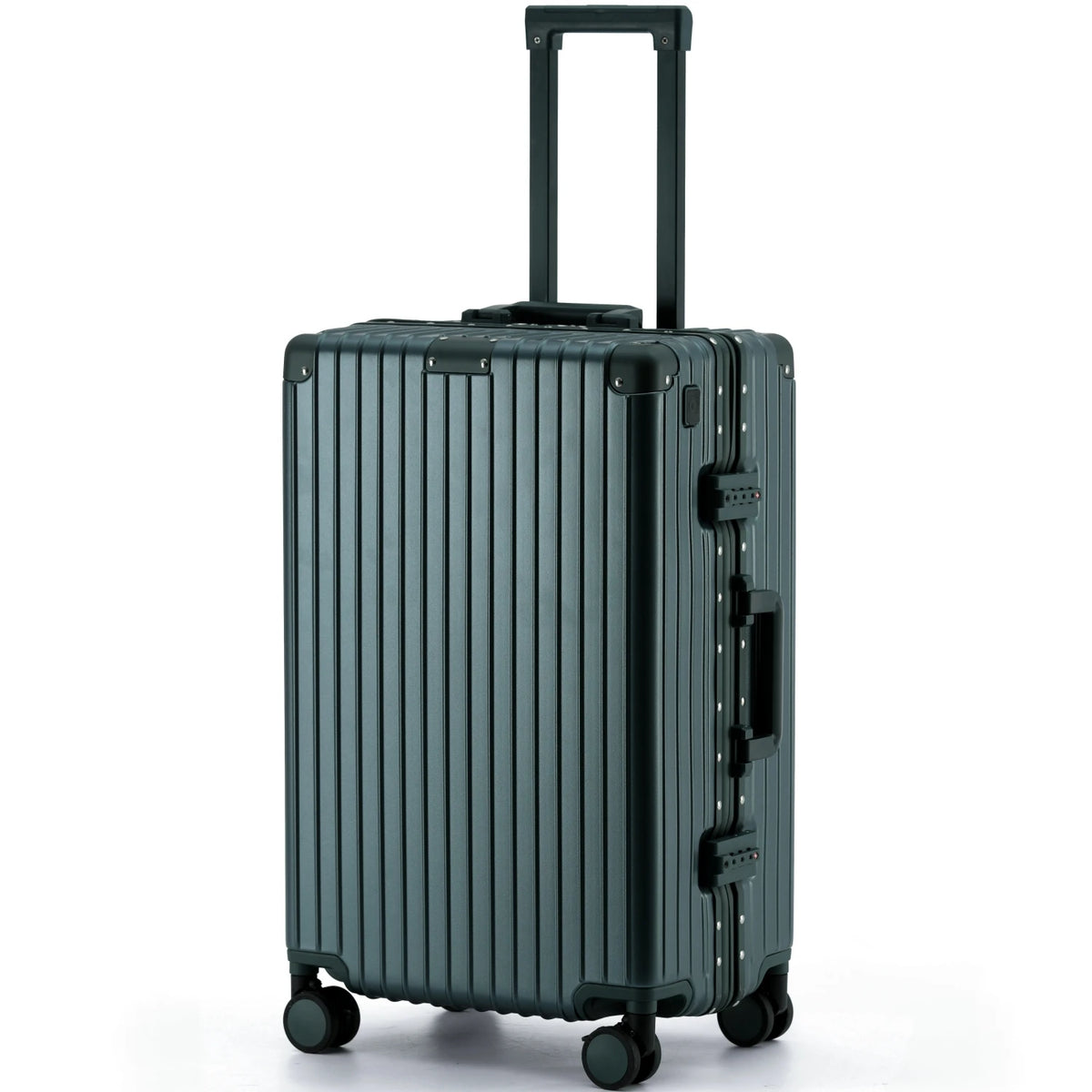 Full-length side view of The Aero-PC Vanguard — Carbon-Texture Frame Case in the sophisticated Emerald Jade finish. Designed by AERIA PRESTIGE, this travel case features a high-resilience PC-Matrix shell with a deep forest green anodized profile, heavy-duty Aero-Aluminum zipperless frame, and integrated dual-latch TSA security locks for secure, elite transit.
