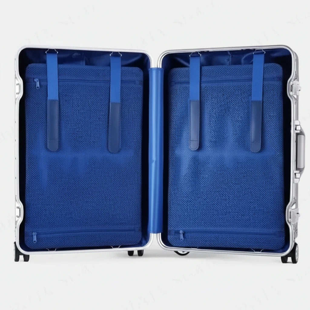 Open view square product photo of the AERIA PRESTIGE Masterpiece Legacy luxury aluminum luggage showcasing the organized blue mesh interior dividers.