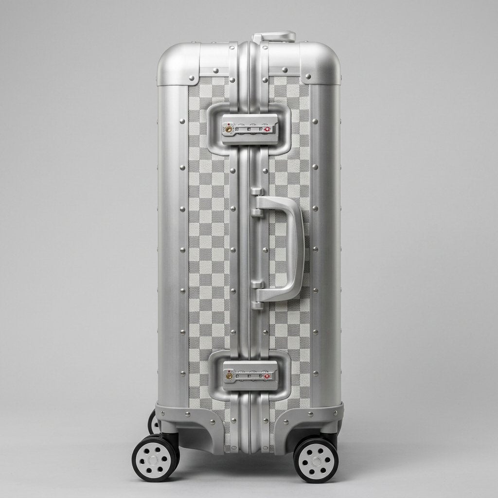 Side profile view of Aeria Prestige The Monarch aluminum travel case in Alabaster White Damier finish, highlighting the dual integrated TSA-approved combination locks, sturdy side handle, and reinforced frame.