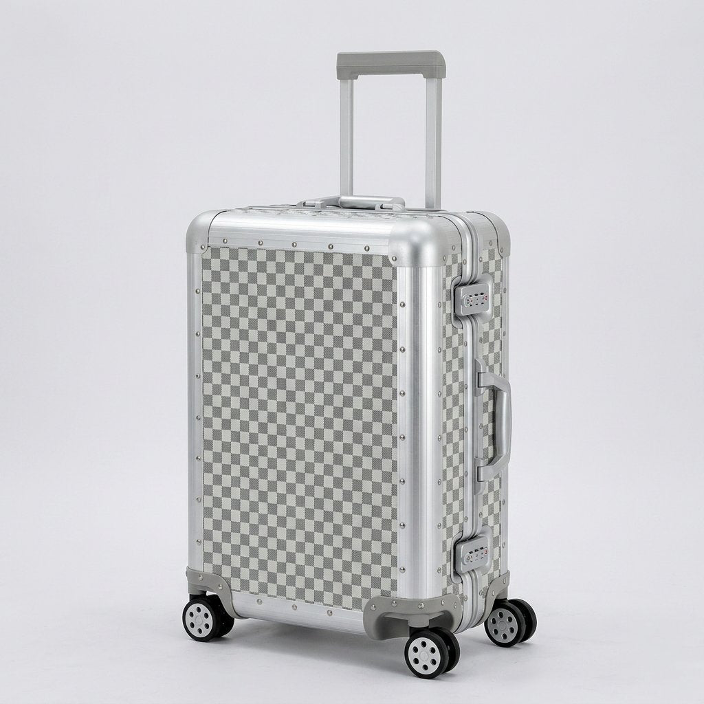 Aeria Prestige The Monarch aluminum travel case in Alabaster White Damier checkered finish, shown in a studio three-quarter view with extendable handle and smooth spinner wheels.