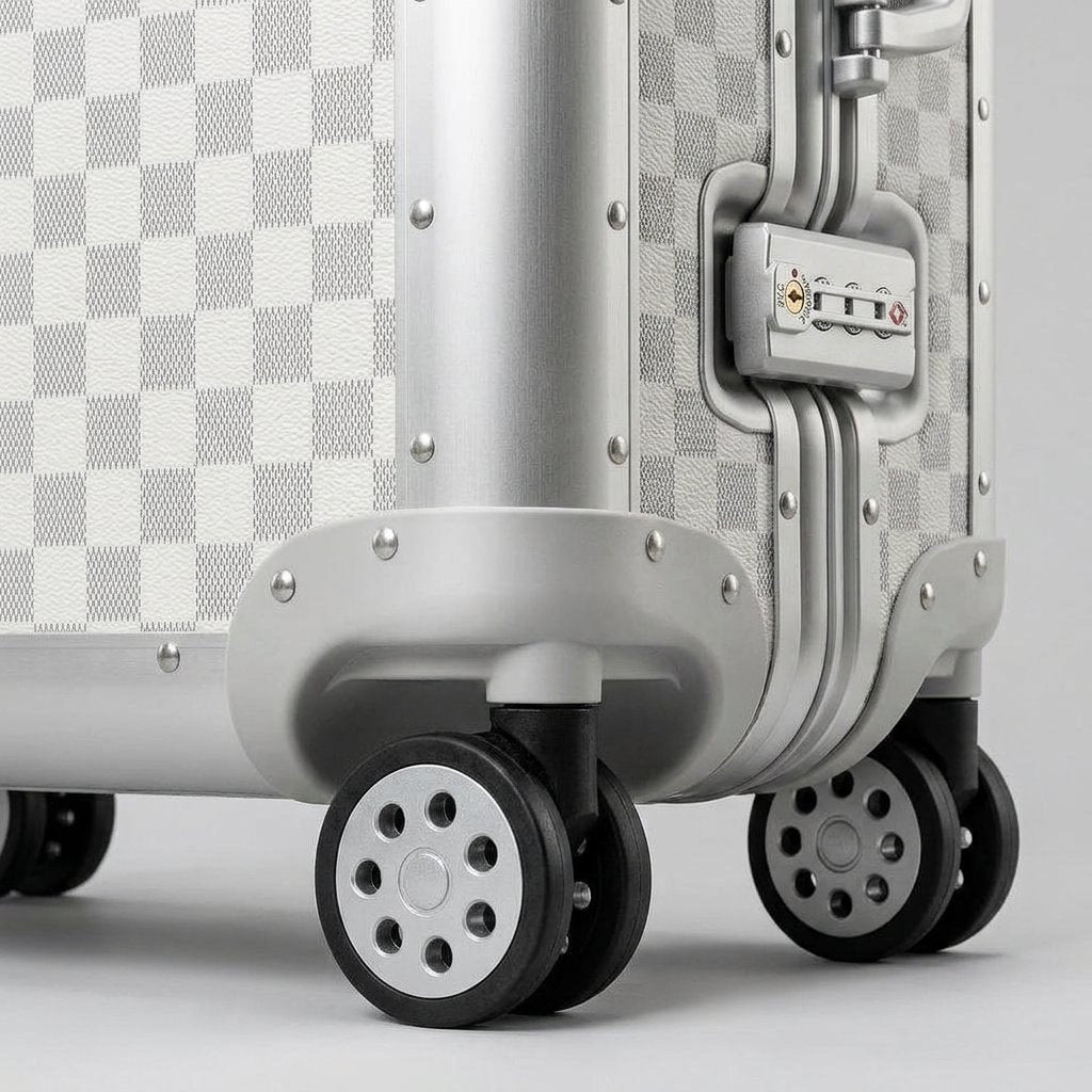 Close-up detail of Aeria Prestige The Monarch aluminum travel case showcasing smooth spinner wheels, reinforced corner riveting, and an integrated TSA-approved combination lock in Alabaster White Damier finish.