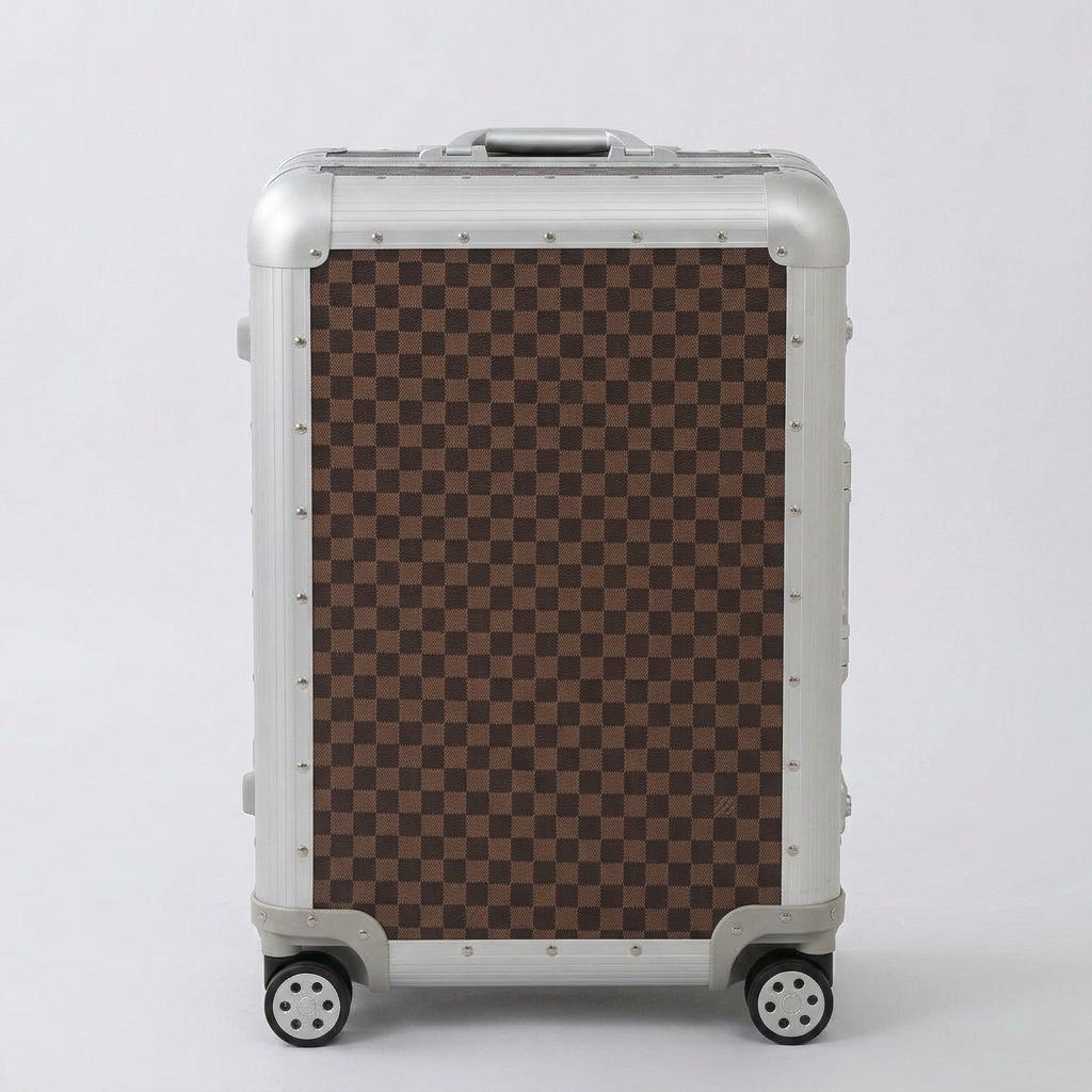 Front view of Aeria Prestige The Monarch aluminum travel case in Damier brown checkered design, highlighting the sleek metallic frame, protective corner caps, and smooth spinner wheels.