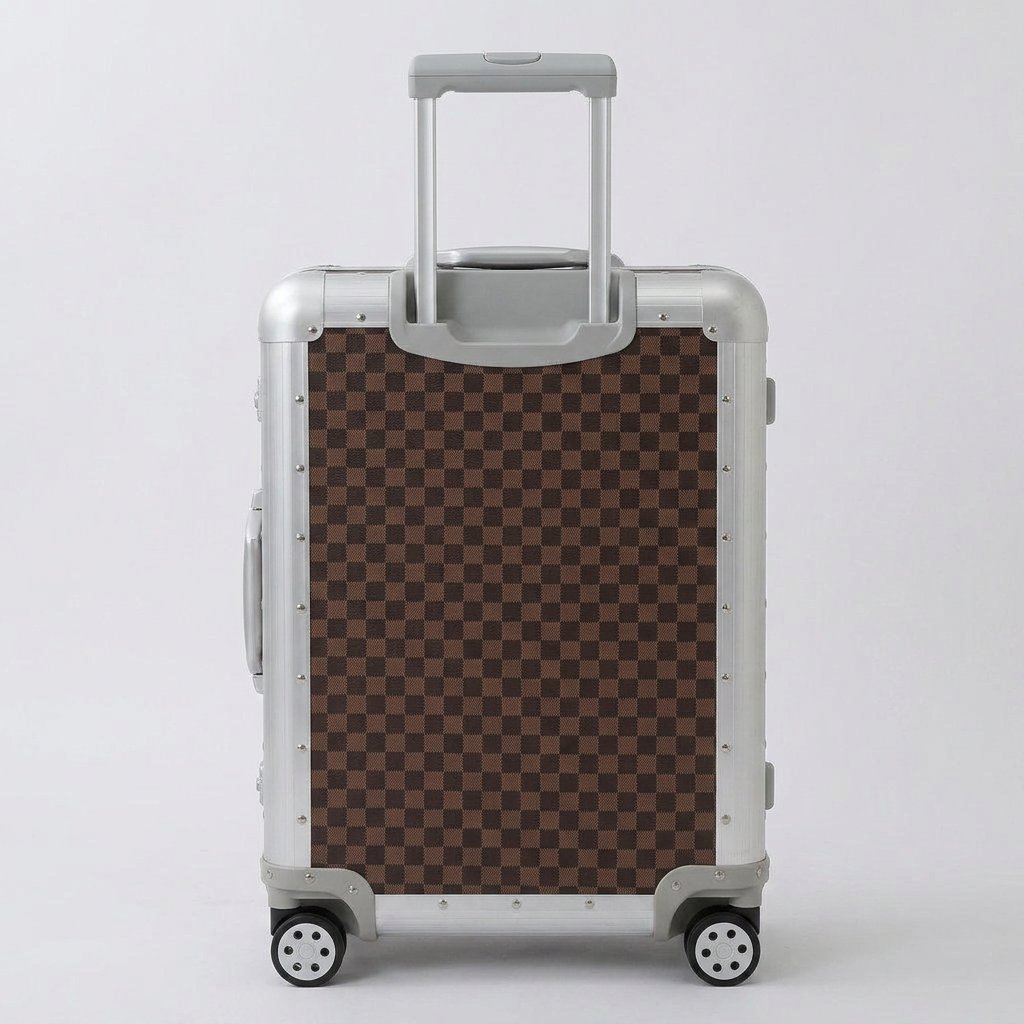 Rear view of Aeria Prestige The Monarch aluminum travel case in Damier brown checkered finish, displaying the retractable handle and smooth-rolling spinner wheels.